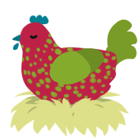 A crimson and chartreuse chicken with a speckle pattern