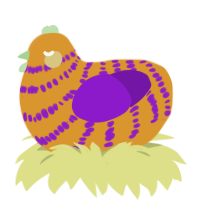 A orange and violet chicken with a bar pattern