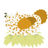 A white and ochre chicken with a speckle pattern