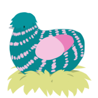 A teal and pink chicken with a bar pattern