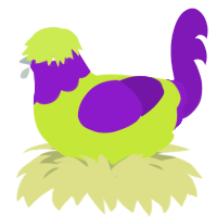 A lime and violet chicken with a head pattern