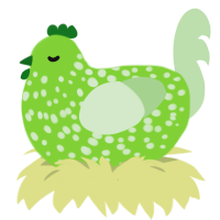 Goobert, a grass and gluppy chicken with a speckle pattern