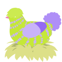 A lime and lilac chicken with a bar pattern