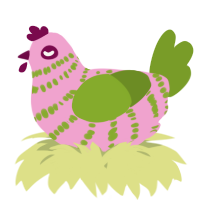 A pink and chartreuse chicken with a bar pattern