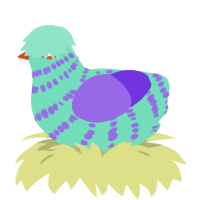 A mint and blurple chicken with a bar pattern