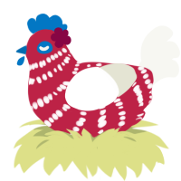 A crimson and white chicken with a bar pattern