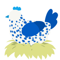 A white and ultramarine chicken with a speckle pattern