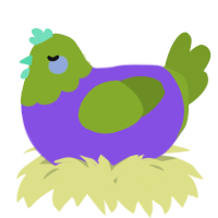 A blurple and chartreuse chicken with a head pattern
