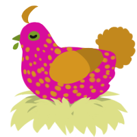 A fuchsia and ochre chicken with a speckle pattern