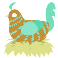 A gold and mint chicken with a bar pattern