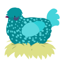 A teal and aqua chicken with a speckle pattern