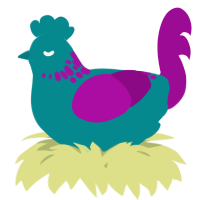 A teal and plum chicken with a neck-speckle pattern