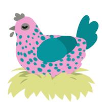 A pink and teal chicken with a speckle pattern