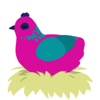 A fuchsia and teal chicken with a neck-speckle pattern