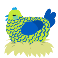 A lime and ultramarine chicken with a lace pattern