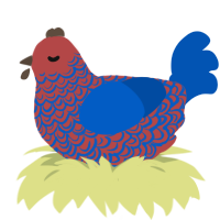 A red and ultramarine chicken with a double-lace pattern