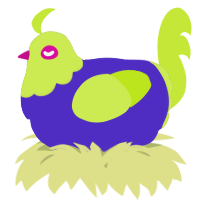A indigo and lime chicken with a head pattern