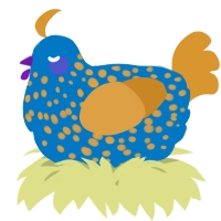 A sapphire and orange chicken with a speckle pattern