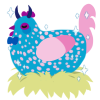 Faygo, a cerulean and pink chicken with a speckle pattern