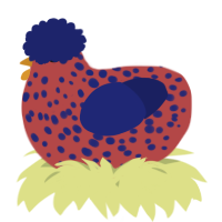 A red and navy chicken with a speckle pattern