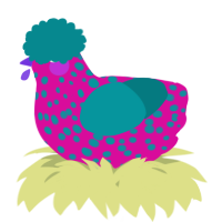A fuchsia and teal chicken with a speckle pattern