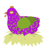 A amethyst and chartreuse chicken with a speckle pattern