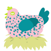 A rose and teal chicken with a speckle pattern