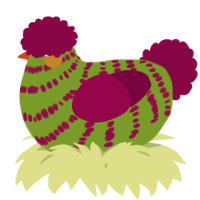 A chartreuse and maroon chicken with a bar pattern