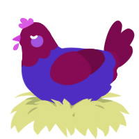 A indigo and wine chicken with a head pattern