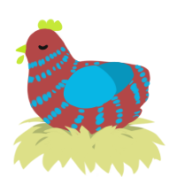 A red and cerulean chicken with a bar pattern