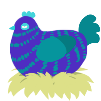 A indigo and teal chicken with a bar pattern