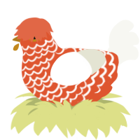 A vermilion and white chicken with a lace pattern