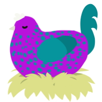 A amethyst and teal chicken with a speckle pattern