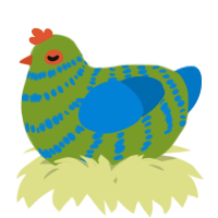 A chartreuse and sapphire chicken with a bar pattern