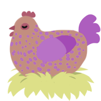 A vermilion and amethyst chicken with a speckle pattern