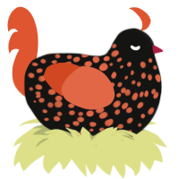 Hallo, a black and vermilion chicken with a speckle pattern