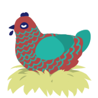 A red and turquoise chicken with a lace pattern