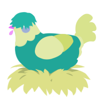 A turquoise and lemon chicken with a head pattern