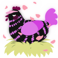 A black and orchid chicken with a bar pattern