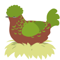 A russet and chartreuse chicken with a half-lace pattern