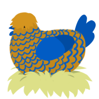 A ochre and ultramarine chicken with a lace pattern
