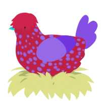 A crimson and blurple chicken with a speckle pattern