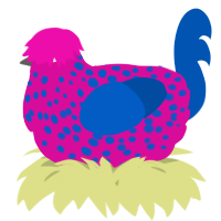 A fuchsia and ultramarine chicken with a speckle pattern
