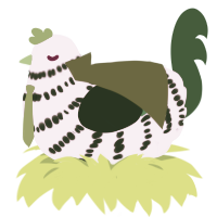 Ahogo, a leaf and pink chicken with a bar pattern