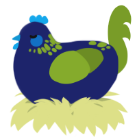 A navy and chartreuse chicken with a neck-speckle pattern