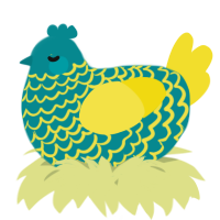A teal and yellow chicken with a lace pattern