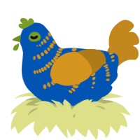 A ultramarine and ochre chicken with a half-bar pattern