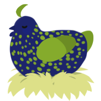 A navy and chartreuse chicken with a speckle pattern