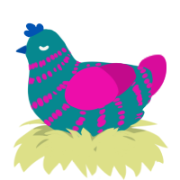 A teal and fuchsia chicken with a bar pattern