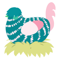 A teal and rose chicken with a bar pattern